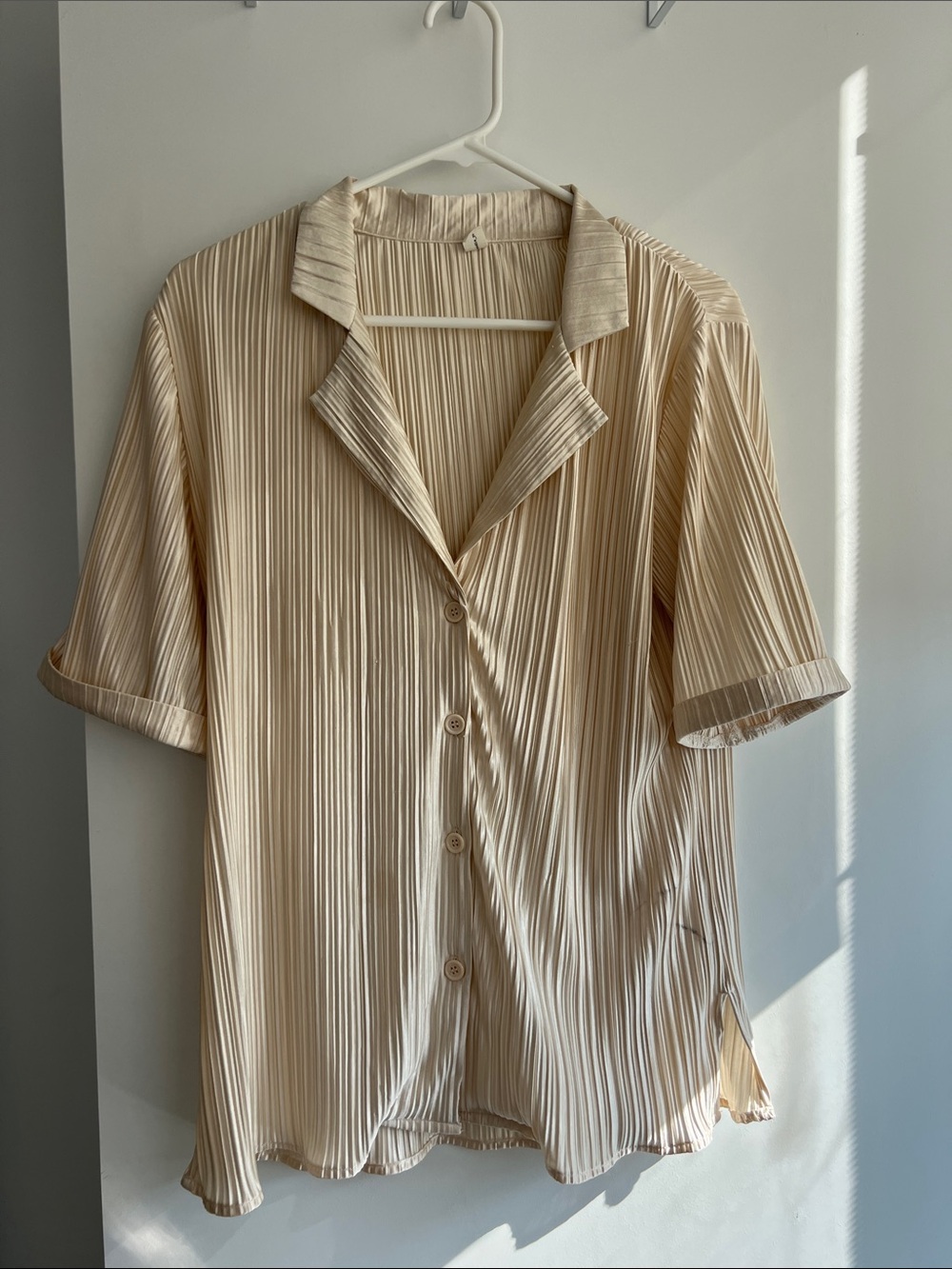 Cream Silky Pleated Blouse with Buttons